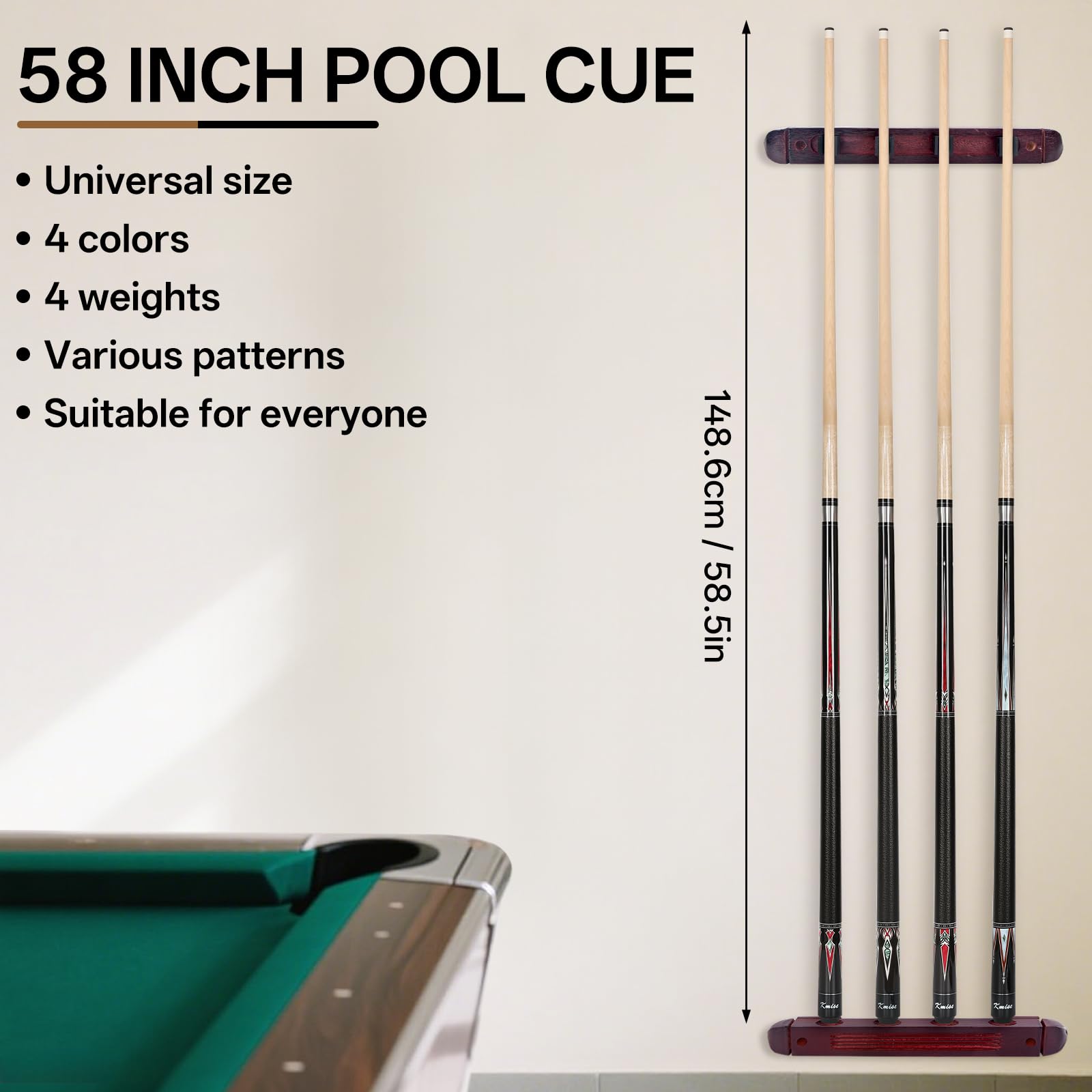 Kmise Lot de 4 queues de Billard de 147,3 cm, 45,7 cm, 50,8 cm, 50,8 cm, 595,3 g, érable Canadien pour Adultes, bâton de Billard, Maison, Bar, Piscine, Durable, Convient pour Les Joueurs de Billard