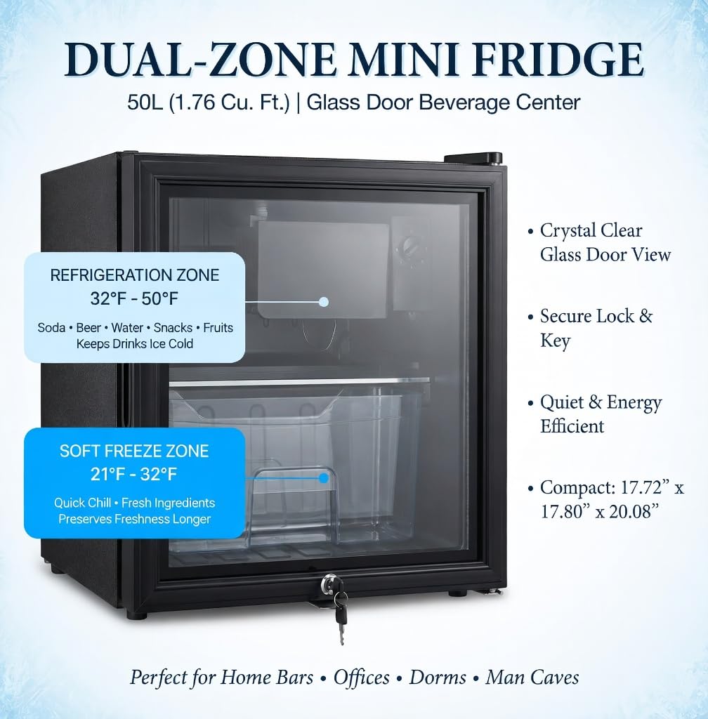 Casanta 1.8 Cubic Feet Beverage Refrigerator With Glass Door And Lock, Compact Mini Fridge For Home Bar Office And Dorm, Single Door Cooler For Soda Beer And Wine, Modern Black Finish on Fridge.com - View 3