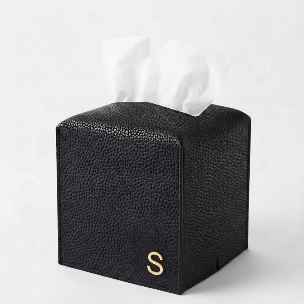 PU Leather Black Tissue Box Cover with Gold Foil Lowercase Letter s Design