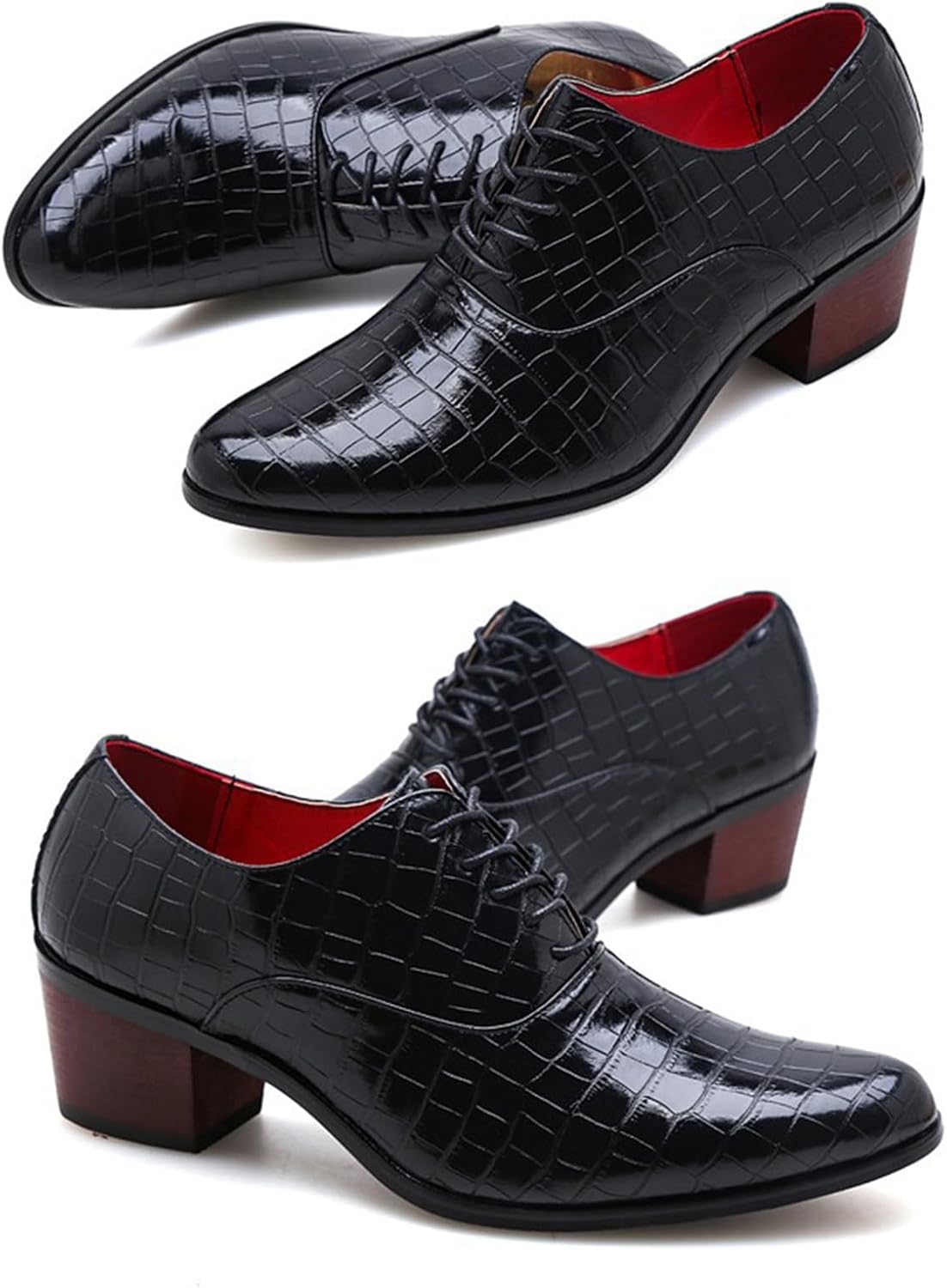 Men's Stone Pattern Chunky Heel Leather Dress Oxford Shoes Fashion Classic Pointed Toe Lace Up Low Top Business Formal Derby Shoes - Image 4