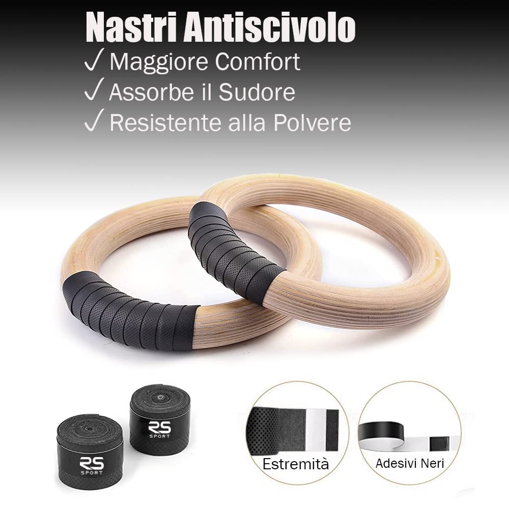 RS Sport Anillos Calisthenics, Anillos de Gimnasia de Madera de 32 mm, Anillos de Gimnasio Profesionales para dominadas, Entrenamiento de Cuerpo Libre, Gimnasio en casa, Fitness, Crossfit