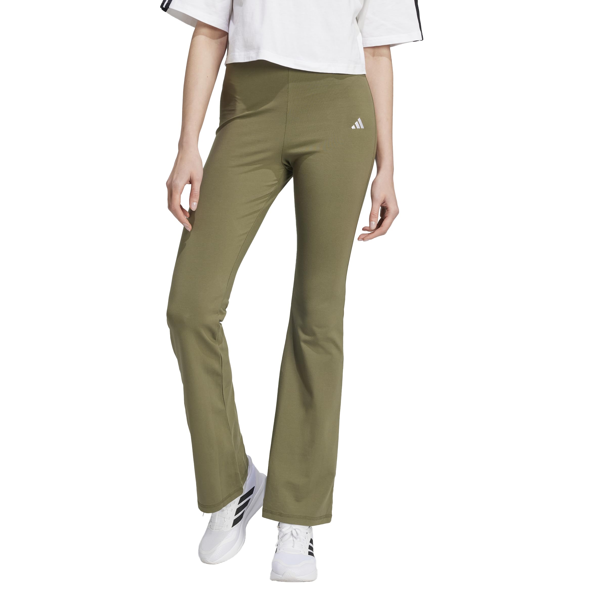 adidas Damskie Essentials Małe Logo Rozkloszowane Legginsy, Olive Strata/Biały, L, Olive Strata/Biały, L