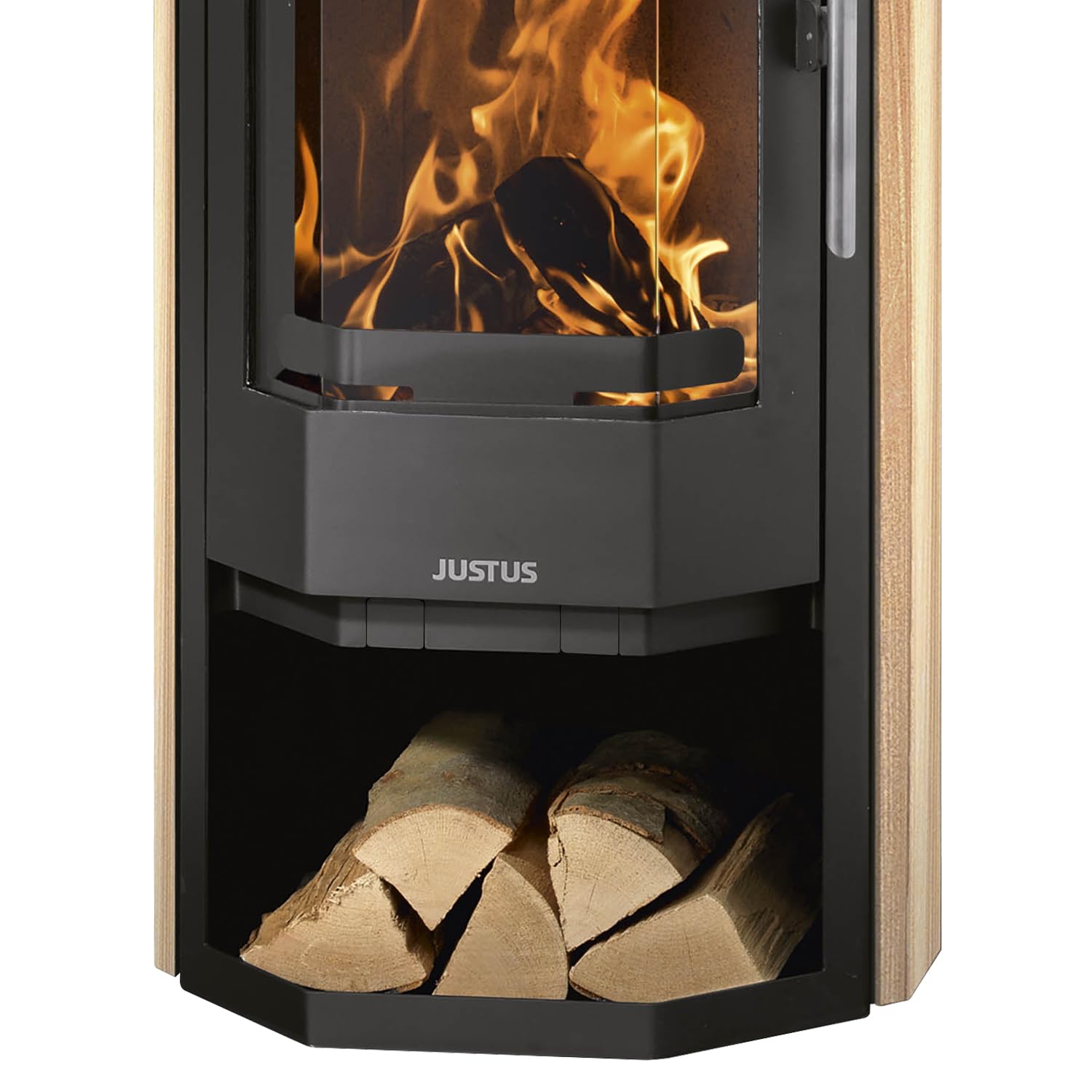 Justus Usedom 5 Kaminofen Stahl Schwarz mit Sandsteinverkleidung 5,5 kW Nennleistung Prismaglas Scheibenspülung Holzfach Bauart 1 Rauchrohr 150 mm