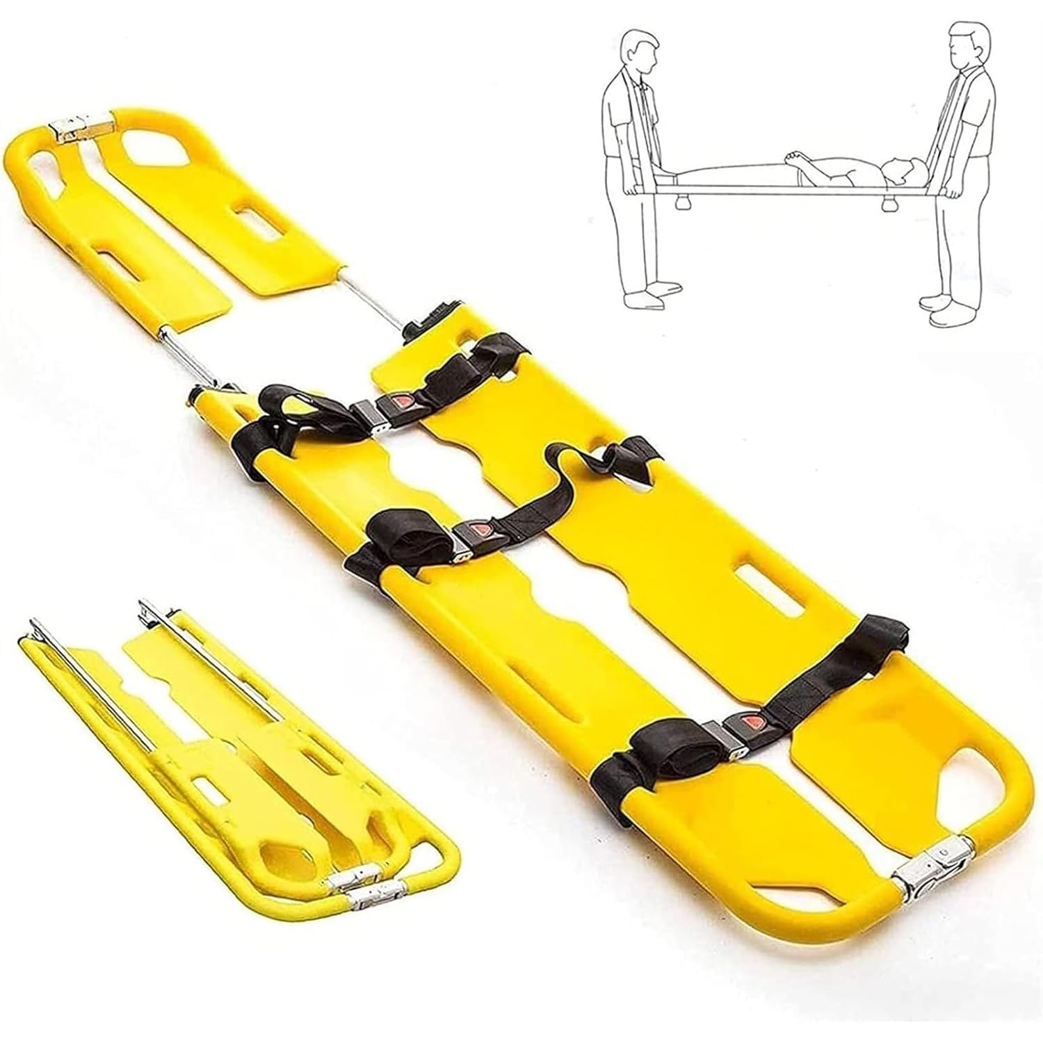 WHOOLEFUN Foldable Emergency Scoop Stretcher, Split Ambulance Stretcher with 3 Safety Straps, 350lbs Capacity, Adjustable Length, X-Ray Compatible, for EMS, Ambulance, Hospital, Clinic Use