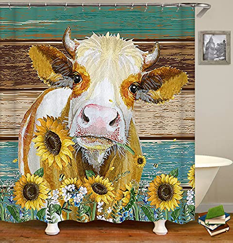 JaydenMadge-4PCSSet-Sunflower-Farm-Cow-Fabric-Shower-Curtain-Country-Flower-Livestock-Rustic-Wooden-Board-Cute-Farm-Animals-Oil-Painting-Bathroom-Decor-Non-Slip-Bath-Rugs-Soft-Toilet-Mat-Yellow JaydenMadge 4PCSSet Sunflower Farm Cow Fabric Shower Curtain Country Flower Livestock Rustic Wooden Board Cute Farm Animals Oil Painting Bathroom Decor Non Slip Bath Rugs Soft Toilet Mat Yellow