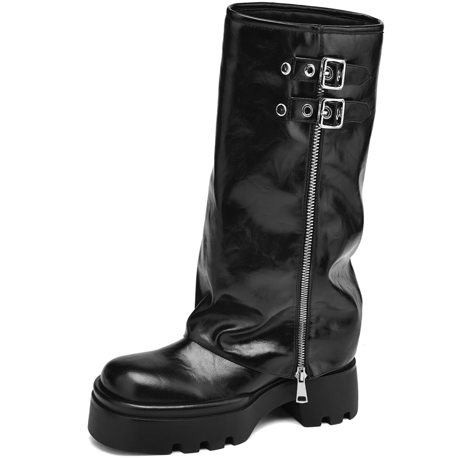 SLXCHBSL Women's Knee High Boots Buckle Moto Biker Boots for Women Platform Fold Over Tall Boots Chunky Low Heel Wide Calf Boots