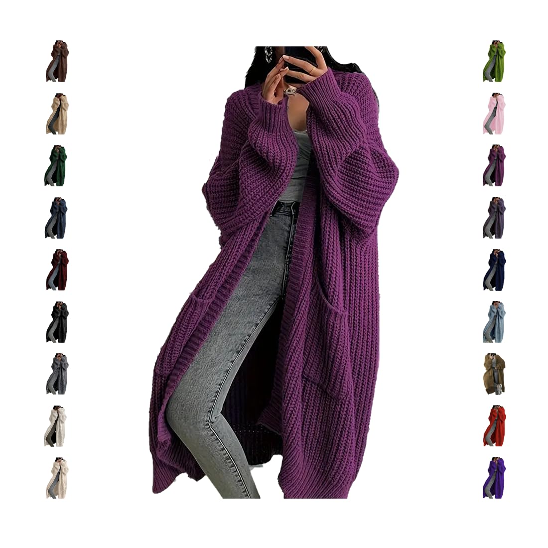 Womens Knitted Long Cardigan Large Front-Opening Chunky Sweater Jacket with Pockets Autumn and Winter Jacket