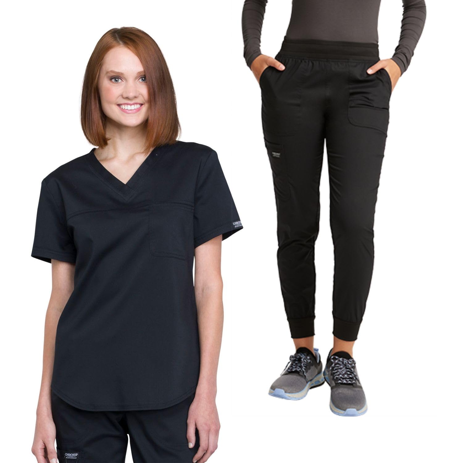 Cherokee WW657 - Conjunto de uniforme médico para mujer, cuello en V, pantalones quirúrgicos de tiro medio con cintura elástica de punto, WW115, color negro, talla L/pantalón L