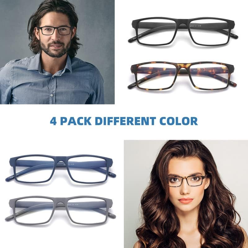 Miniatura 4 de Paquete de 4 lentes de lectura con bloqueo de luz azul para hombres y mujeres, marco rectangular para leer frente a la computadora con bisagra de