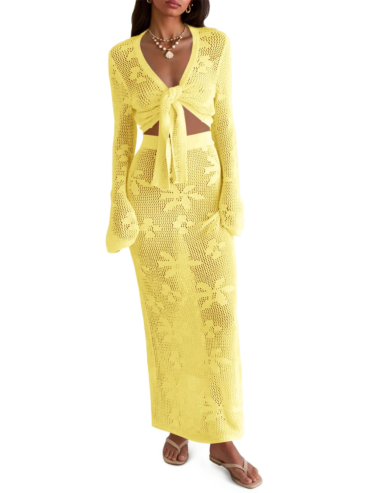 Saodimallsu Womens Crochet Swim Cover Up 2 Piece V Neck Long Sleeve Wrap Tie Crop Tops Beach Boho Maxi Coverup Set Large Yellow