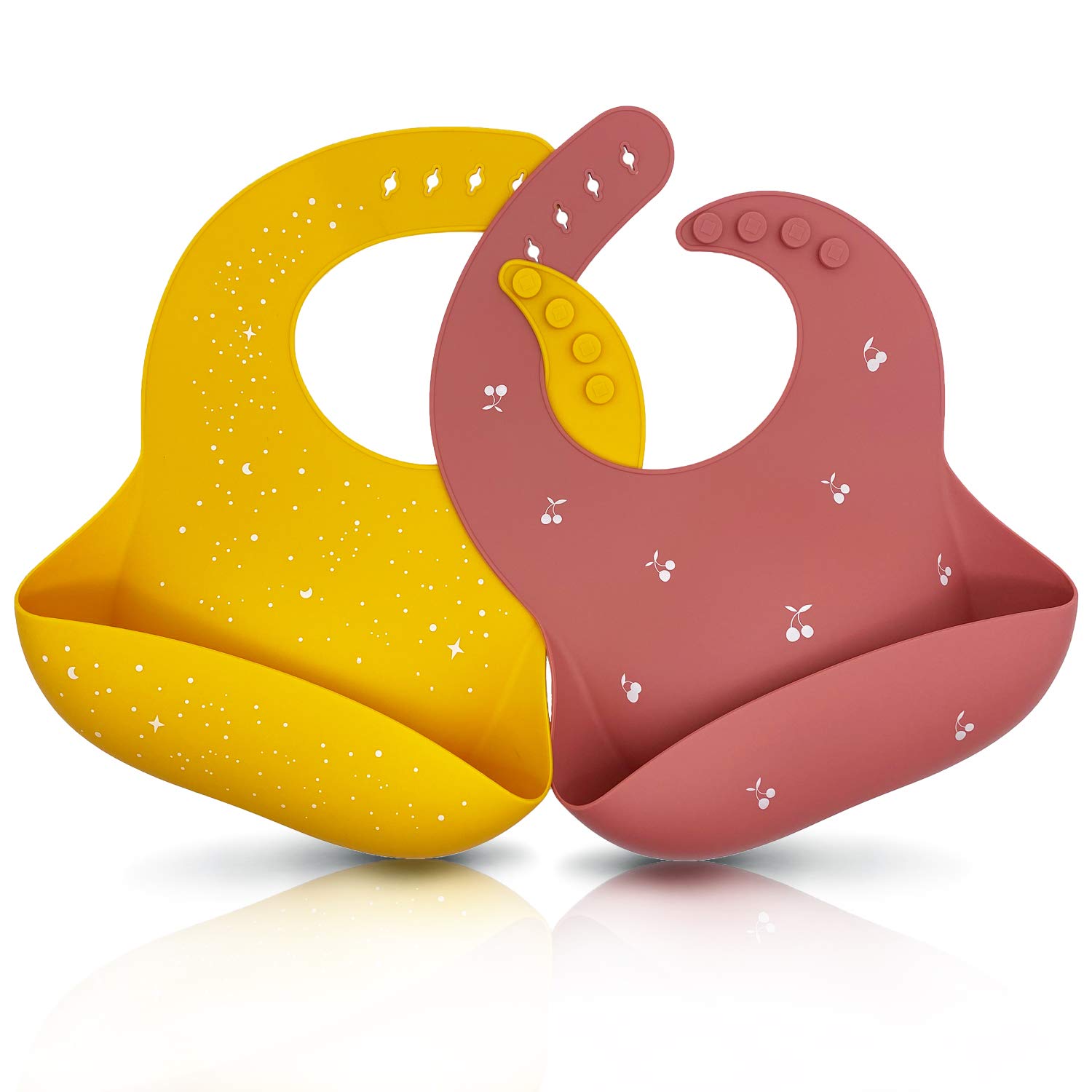 Moonkie Silicone Baby Bibs Set Of 2, BPA Free Waterproof Soft Durable Adjustable Silicone Bibs for Babies & Toddlers(Warm Pink/Mustard)