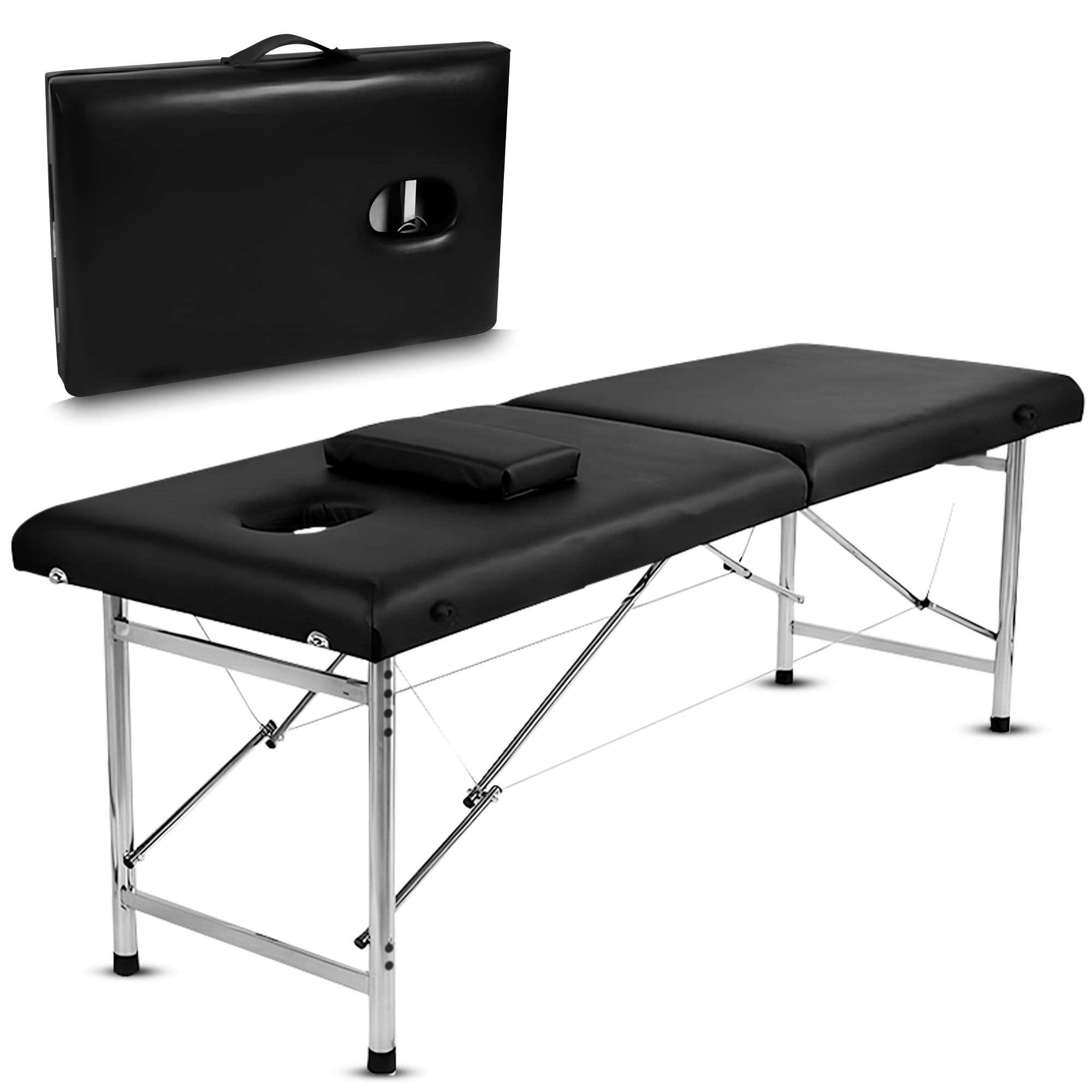 Mesa de masaje plegable profesional Maya de 2 planos, ligera y ergonómica con asa integrada, revestimiento de piel sintética, comodidad óptima (aluminio, negro)