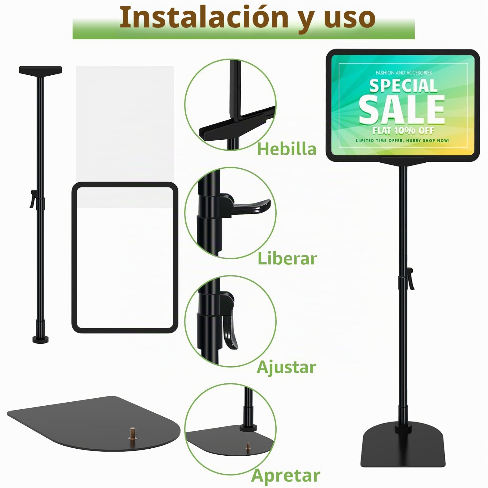 Paquete de 2 soportes ajustables para carteles A4, soporte reutilizable para letreros publicitarios de menús de negocios, soporte de exhibición para vista vertical y horizontal, negro