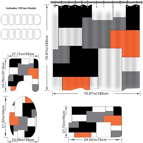 Miniatura 23 de Yizheer Juego de cortinas de ducha geométricas rojas con alfombras antideslizantes, cubierta de tapa de inodoro y tapete de baño, juego