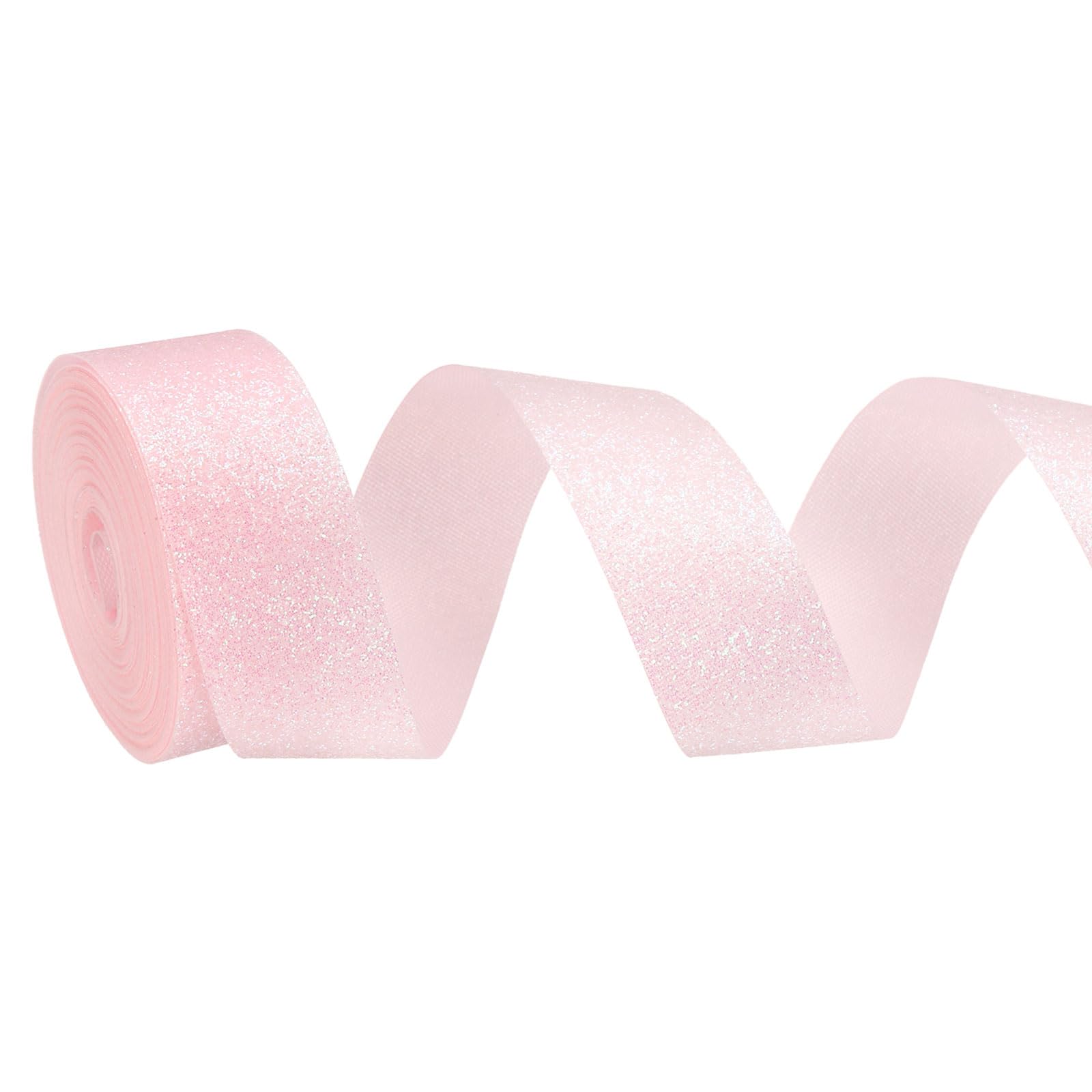 PATIKIL Metallic Glitter Ribbon Roll, 25mm x 9m Sparkly Ribbon Single Sided Cut Edge Gift Wrapping Fabric Rolls for DIY Crafts Wedding Bouquet Party Christmas Decor, Light Pink