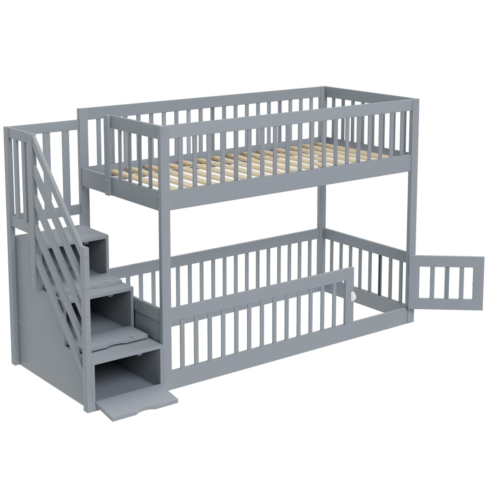 PUGSDRLY Lit Superposé Enfant 90x200cm en Bois avec échelle Rangement,Lit Mezzanine 2 Places avec Sommier à Lattes,Barrière de Sécurité Haute,pour Enfant et Adolescent,sans Matelas (Gris-90)