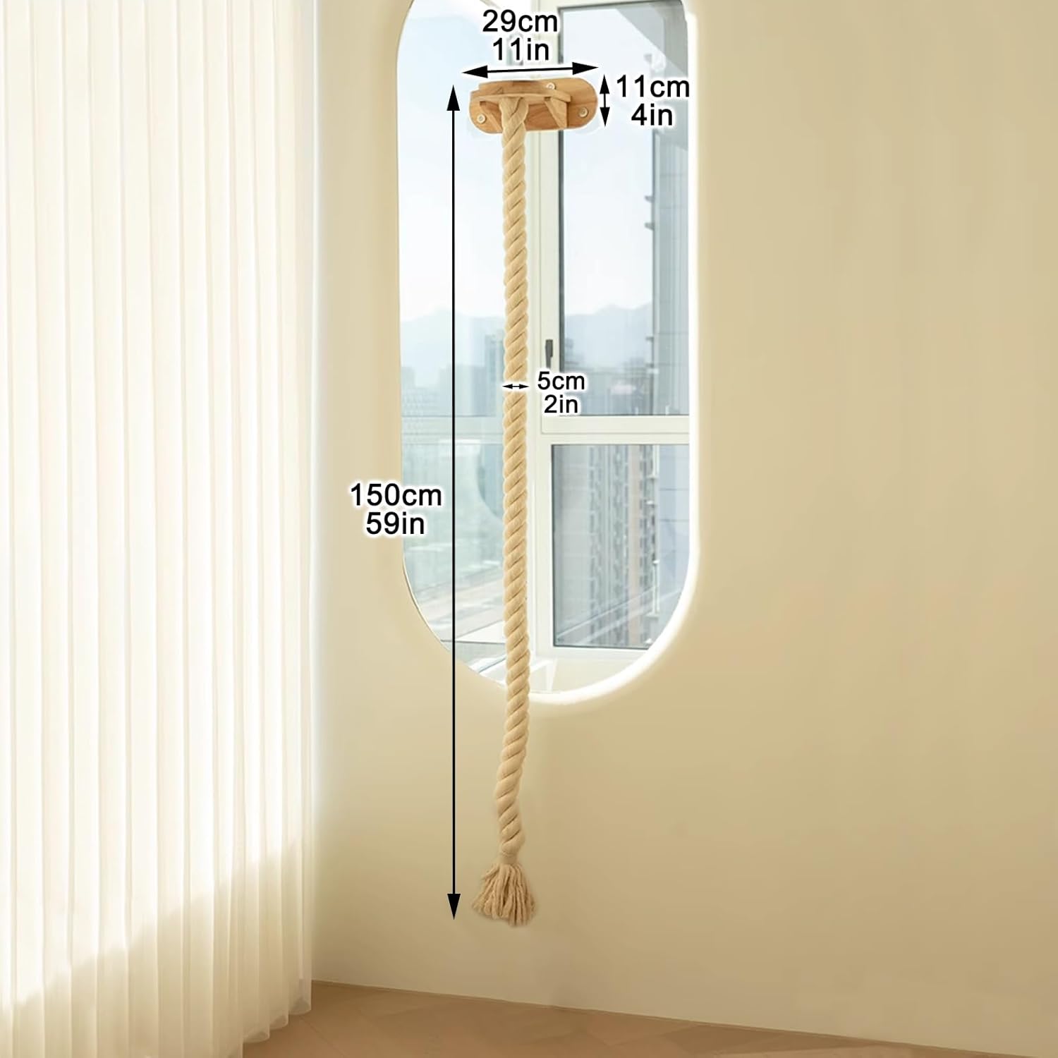 Cat Shelves, Wall Mounted Cat Tree, Wall Mounted Suction Cup Shelves with Climbing Rope Top Platform for Rest(150cm/59in)