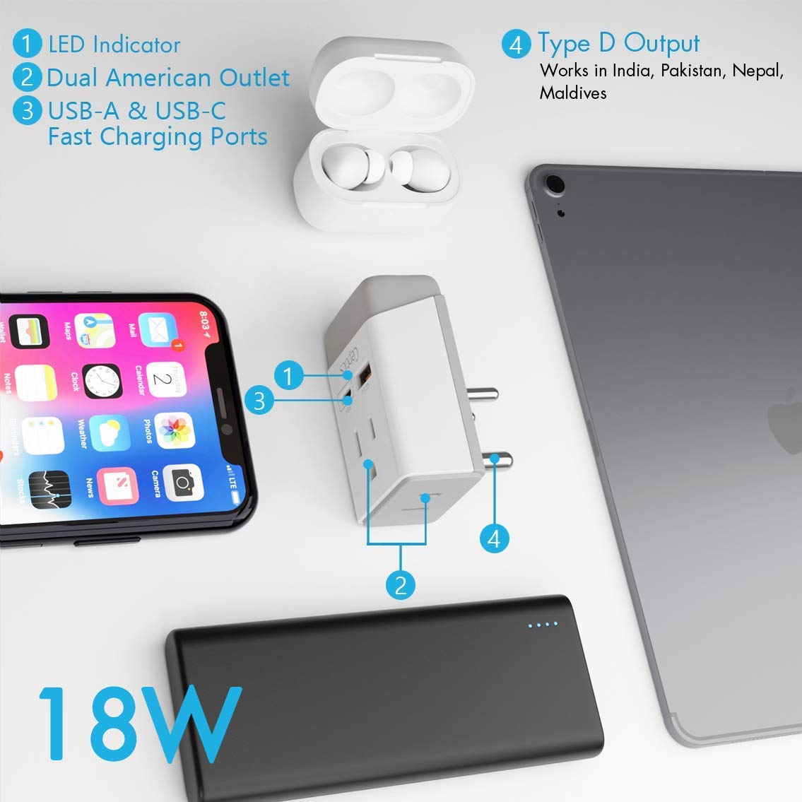 India Maldives Power Plug Adapter Travel QC 3.0 & PD by Ceptics, Safe