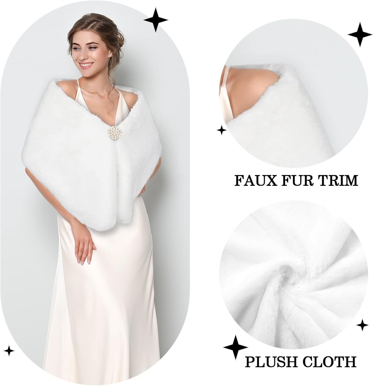 Jadive Women's Faux Fur Shawl Wrap Fake Fur Stoles Scarf Shrug Bridal Winter Wedding Evening Dress with 2 Rhinestone Brooches