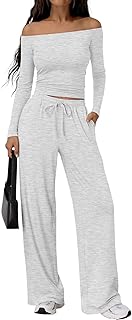 2 Piece Off Shoulder Set Womens Wide Leg Pants Side Ruching Slightly Cro...