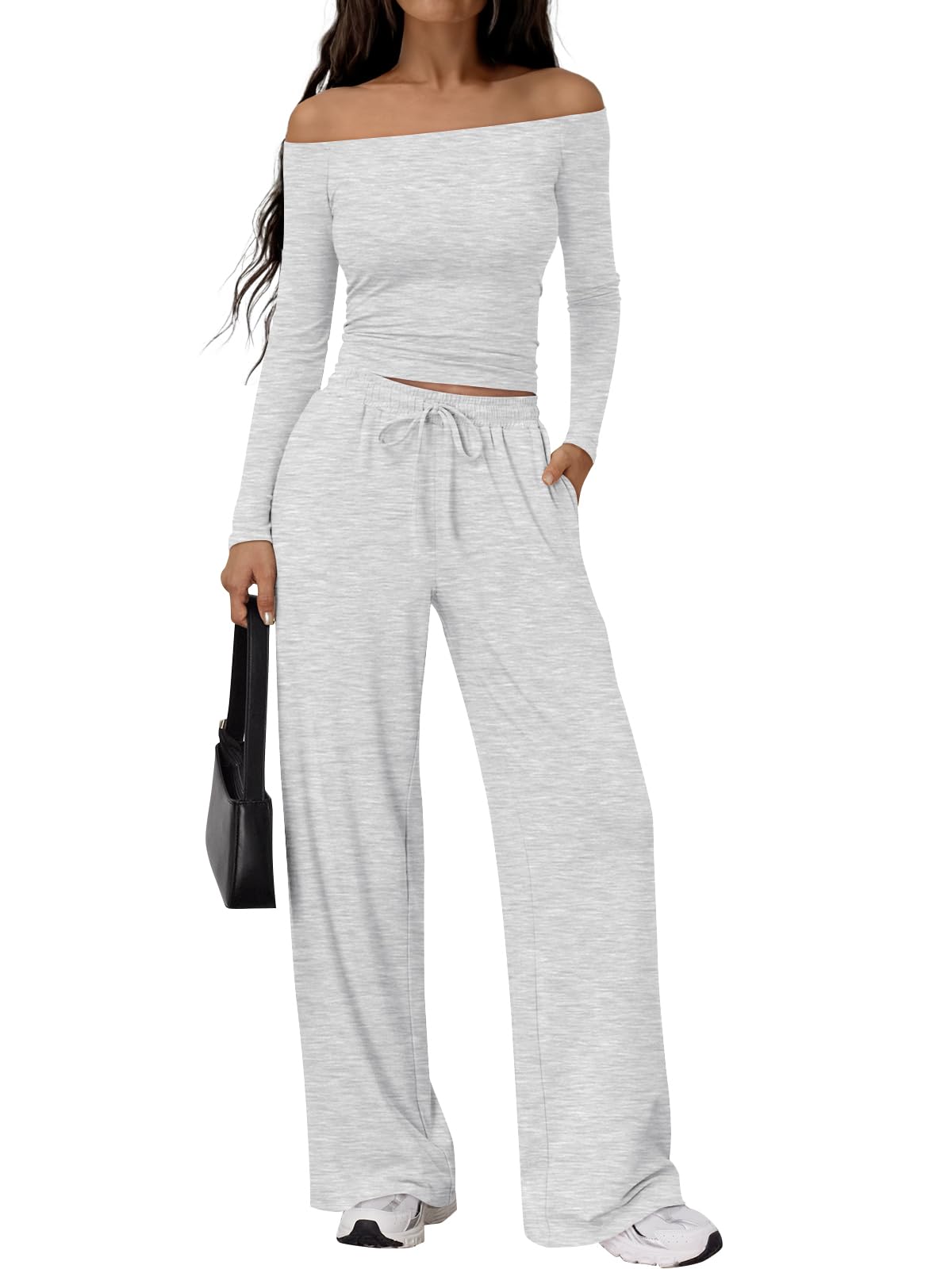Trendy Queen 2 Piece Off Shoulder Set Womens Wide Leg Pants Side Ruching Slightly Crop Top Sets