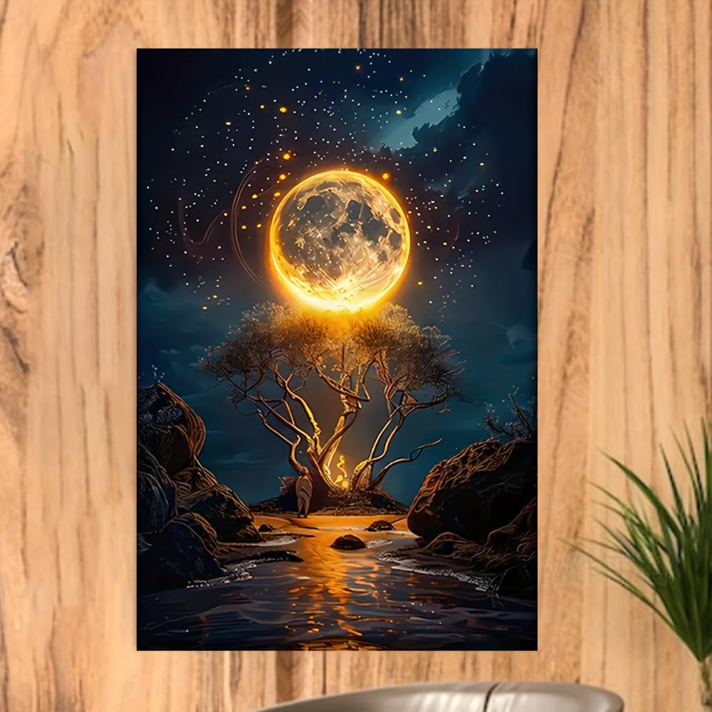 EGJEPWFH Full Moon & Tree Silhouette, Night Sky with Stars & Glowing Orb, Abstract Landscape Artistic Poster(30x40cm/No frame)