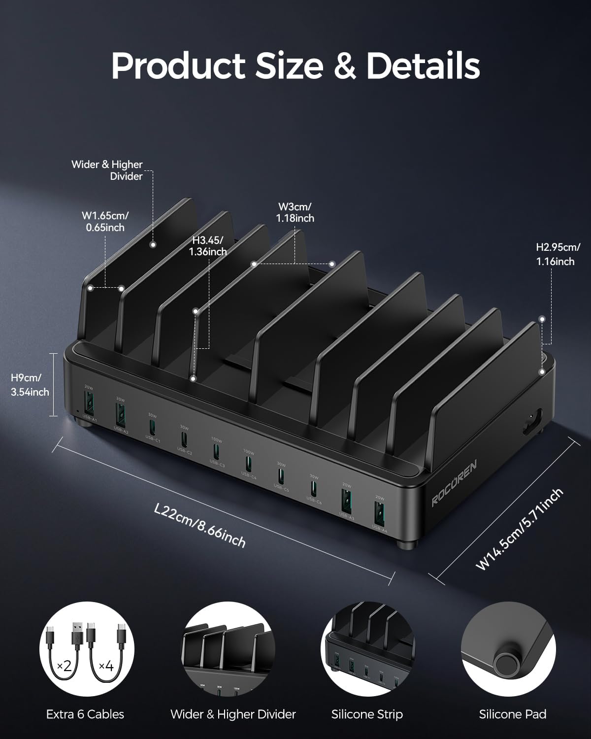 Rocoren Estación de carga de 400 W para múltiples dispositivos, 10 puertos doble PD 100 W USB C estación de carga con 6 cables, organizador multidispositivo, base de carga rápida para MacBook, iPad