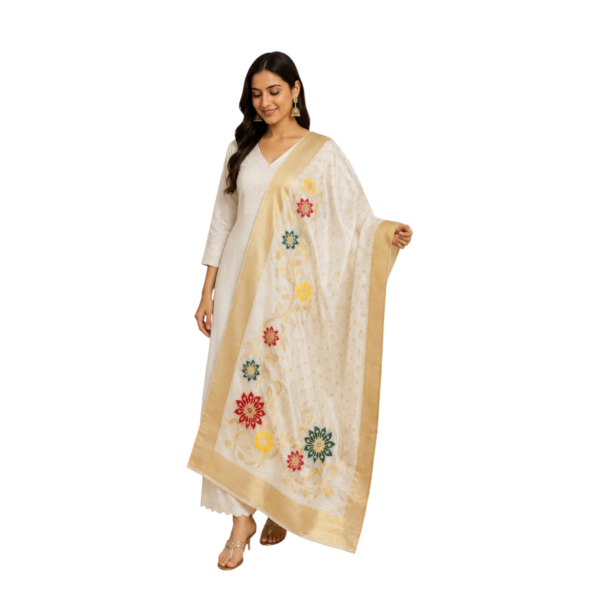 White Banarasi Dupatta with Golden Zari Border, 230x60 cm-picture-13