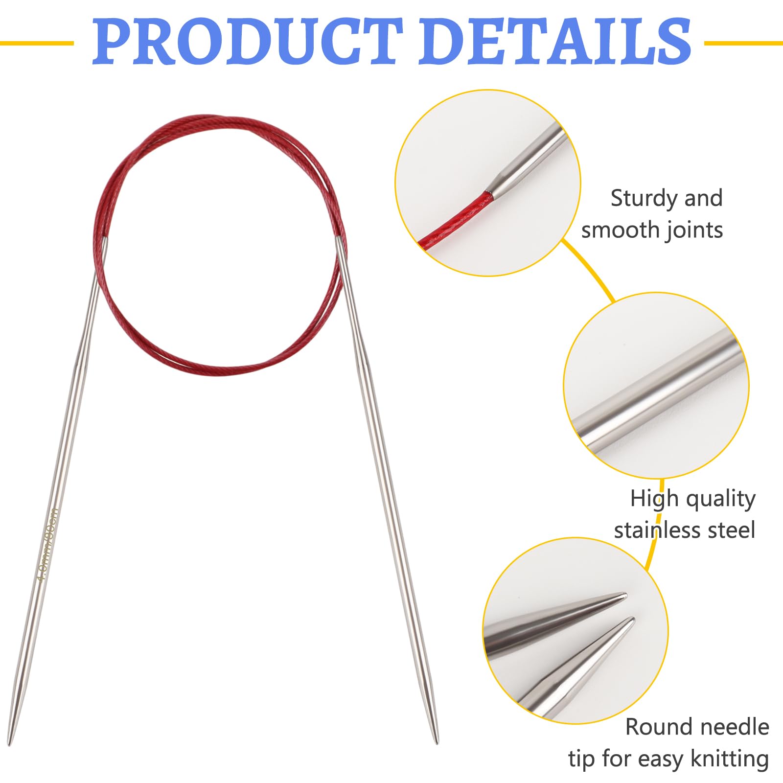 Reessy 4mm Circular Knitting Needles 80 cm Long, Stainless Steel Round Knitting Needle with Flexible Cable - Image 2