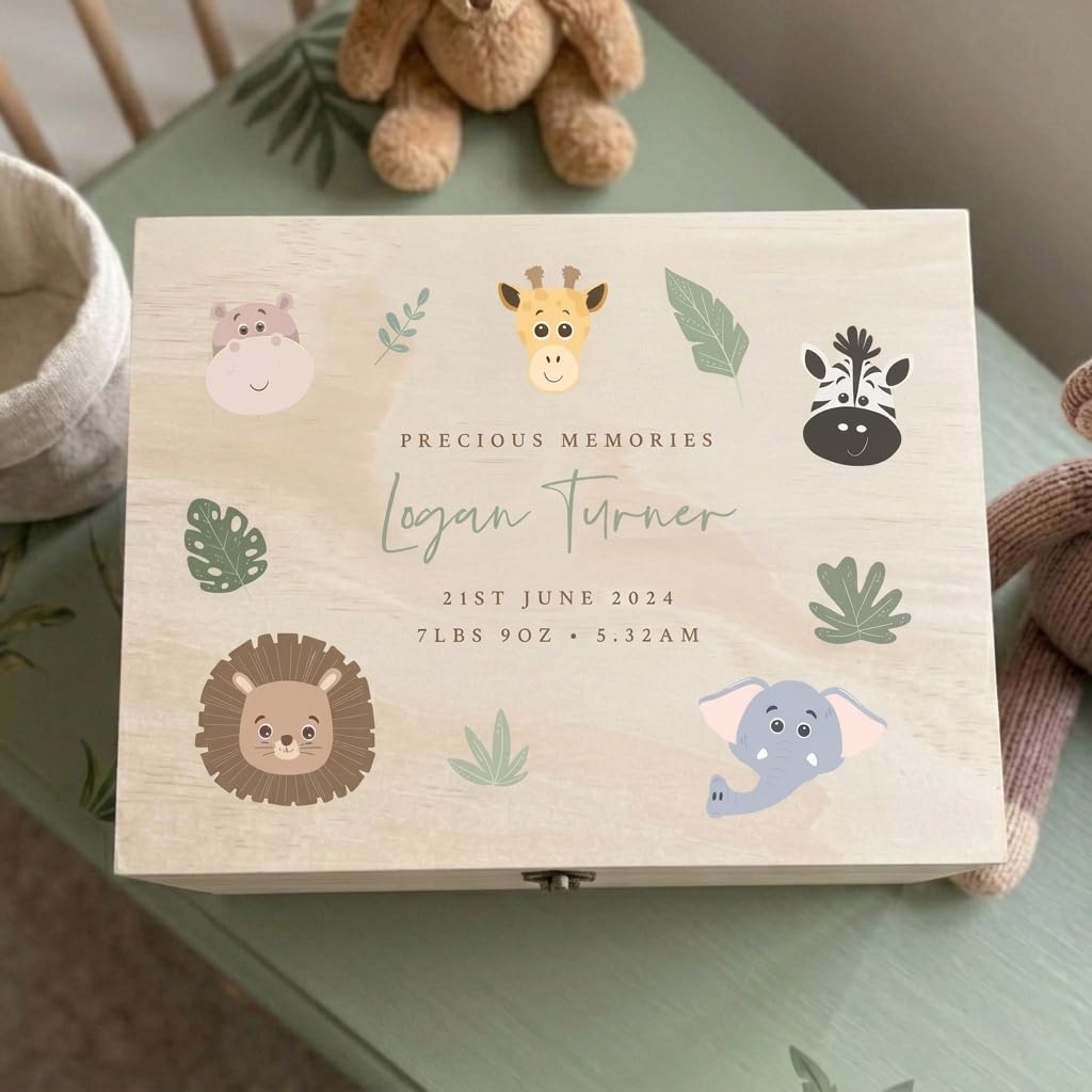 Scatola dei ricordi personalizzata con animali della giungla, scatola regalo First Memories per neonati, nome e data personalizzati, in legno di pino con cerniere e chiusura in metallo, 26 x 18,9 x
