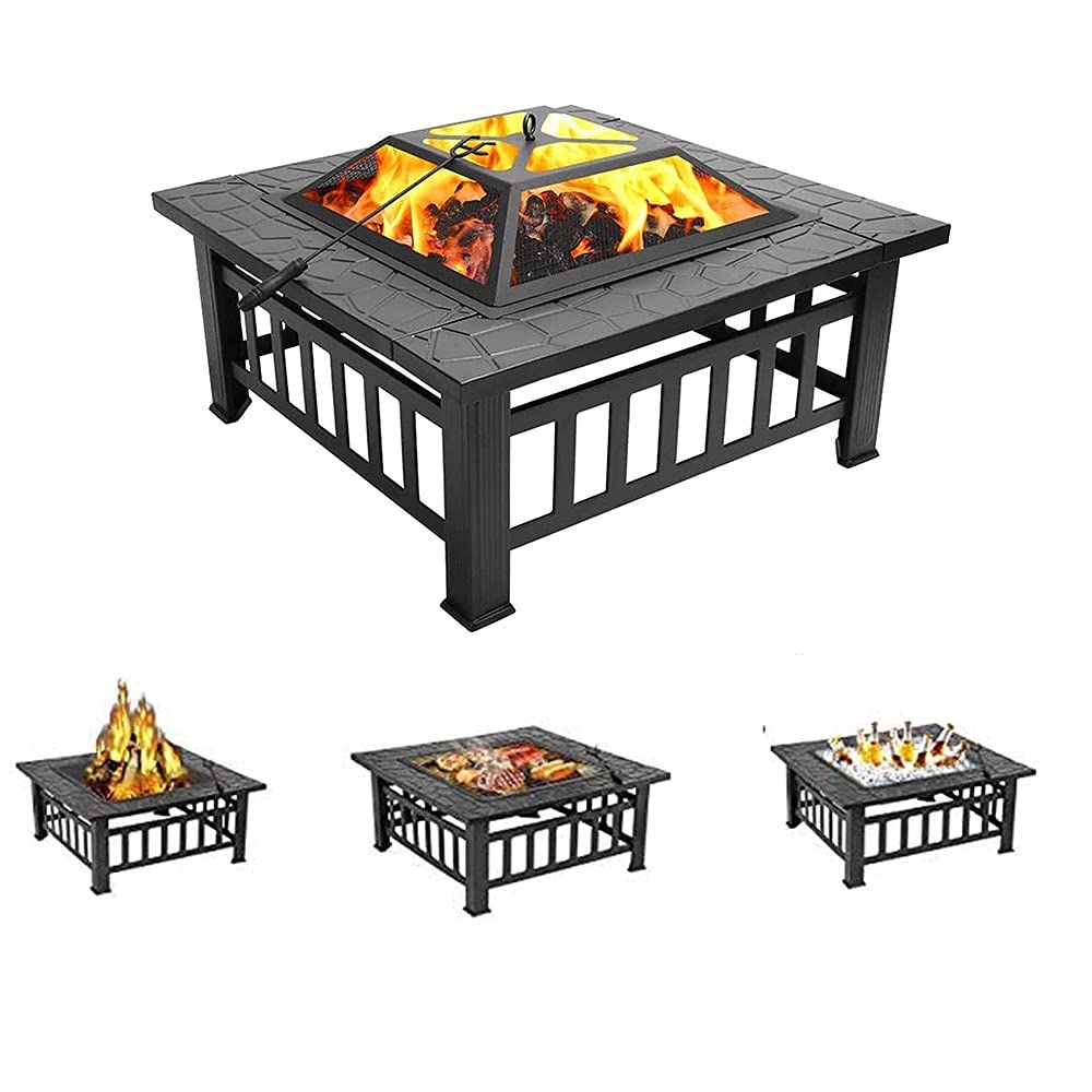Brasero de 32 Pulgadas Al Aire Libre, Brasero de Metal 3 En 1, Parrilla Cuadrada para Barbacoa, Brasero con Cubierta de Pantalla de Chispa, Póquer para Hoguera de Picnic