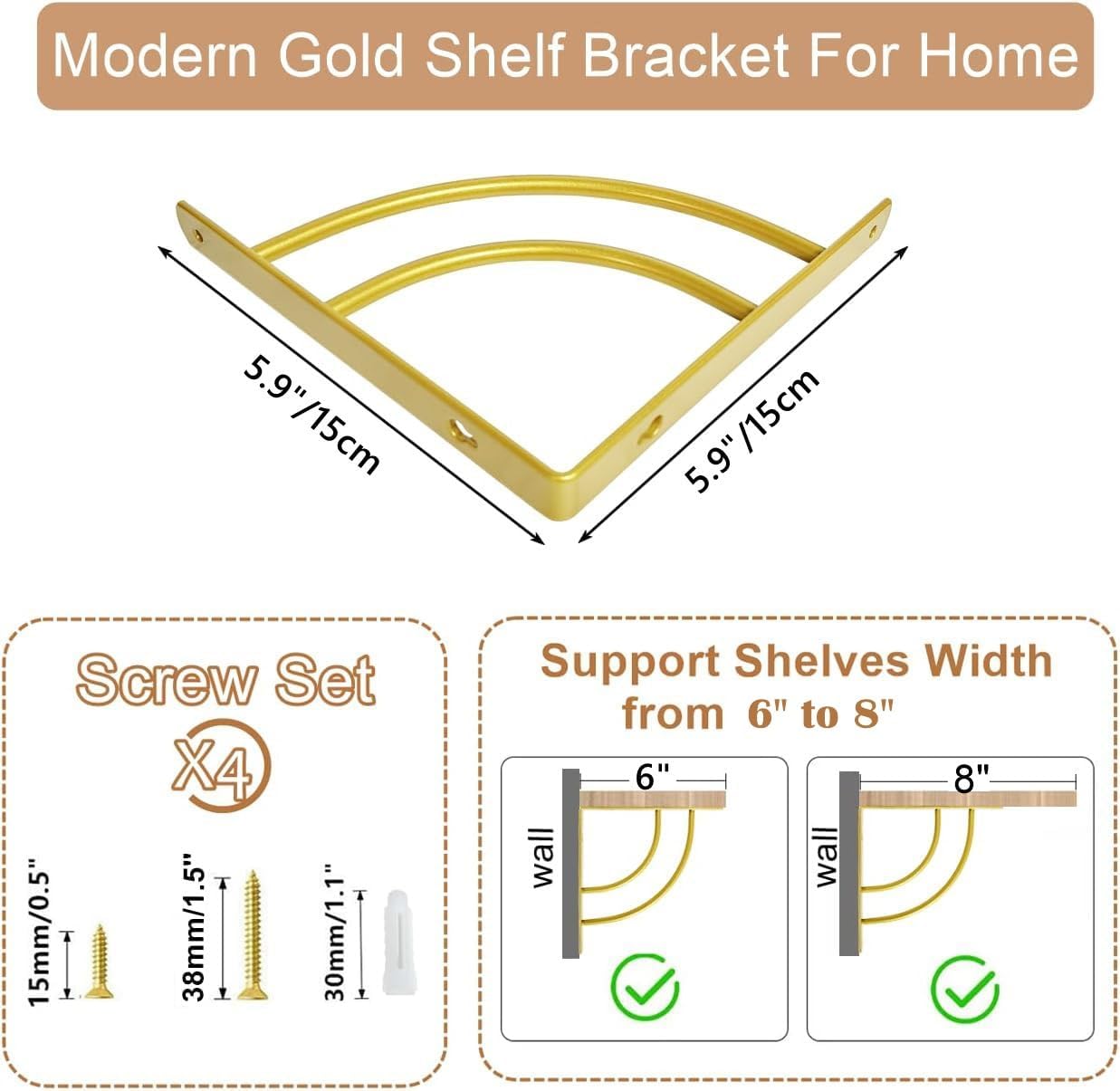 Z METNAL Small Gold Shelf Brackets, Decorative Shelves Bracket, Support Shelves Width from 6 to 8 inch, Modern Shelving Bracket for DIY Floating Shelves, Gold, 6 Inch, 2 Pcs