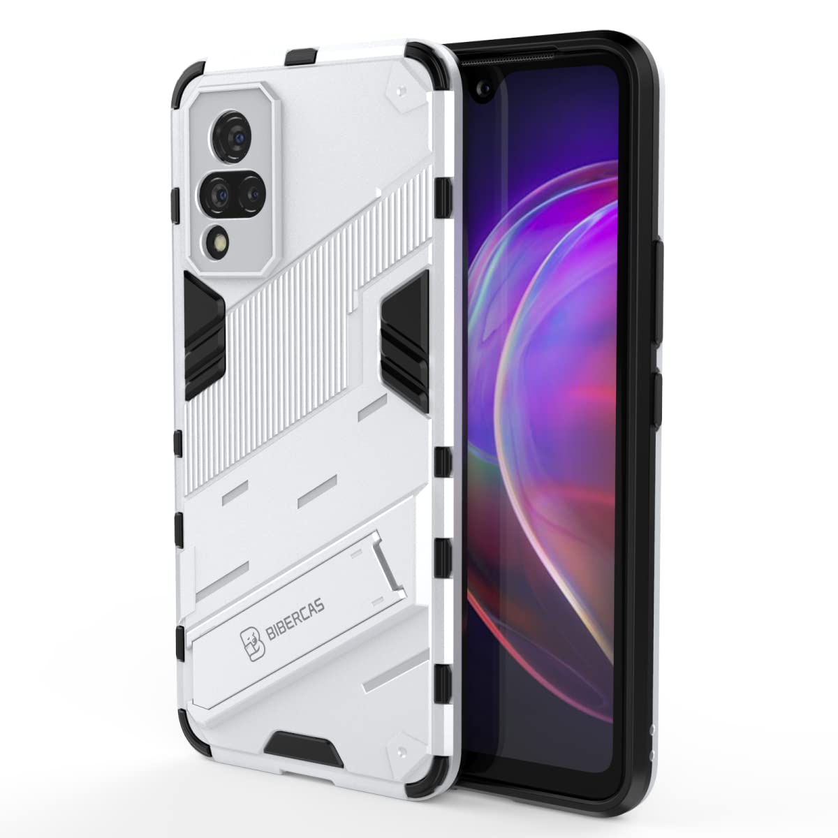 EASSGU Custodia Antiurto Per Vivo V21 5G Con Cavalletto - Cover Rigida In PC E Silicone, Protezione Con Cuscini D'Aria, Nero