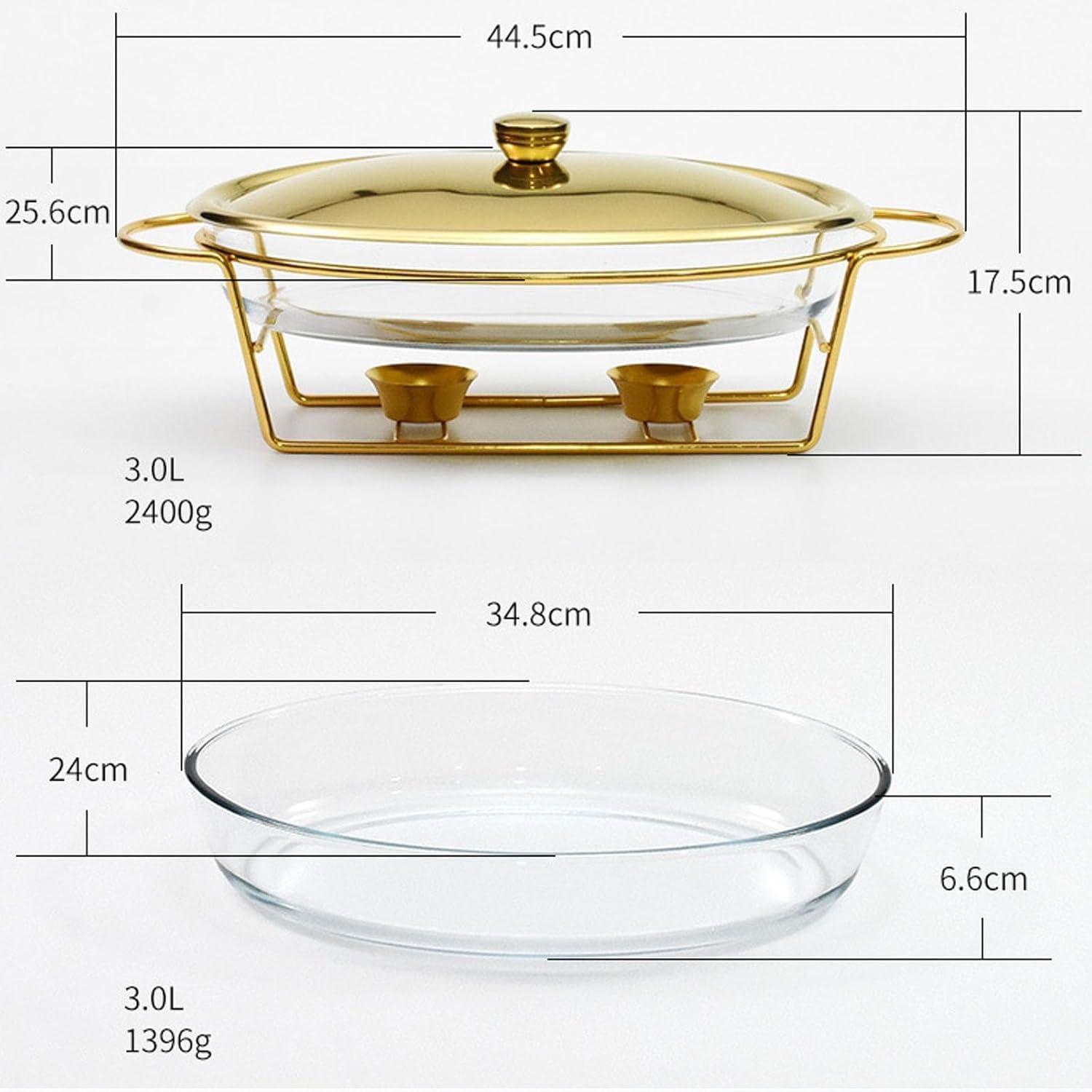 Juego de platos para buffet con olla de vidrio y tapa, recipiente ovalado de 3 L, soporte de metal para catering, bodas, fiestas, banquetes y eventos