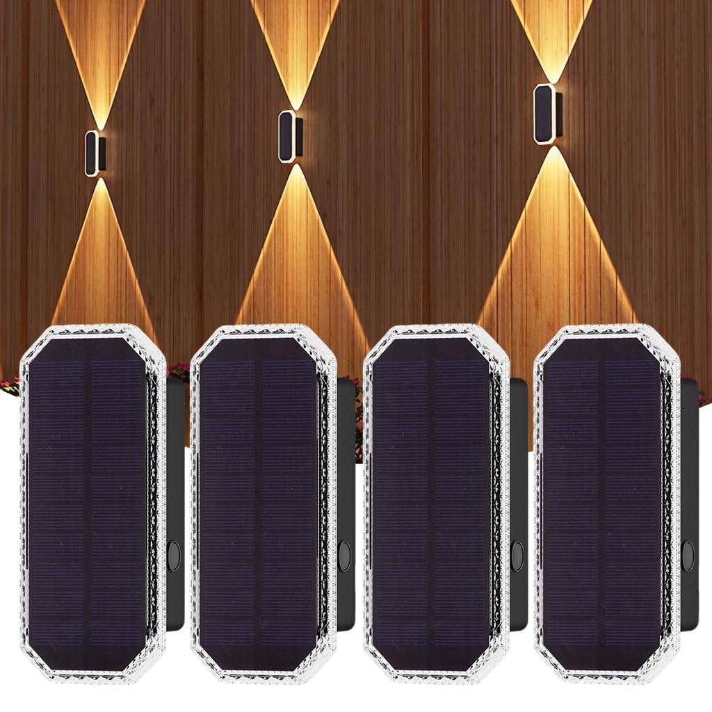 Coxyzoxy Solar Fence Lights for Outdoor Garden, 4 Pack Solar Powered Wall-Mounted Lights with 3 Color Modes 3000K/4000K/6000K, IP44 Waterproof Up Down Lighting for Door Porch Patio Decor