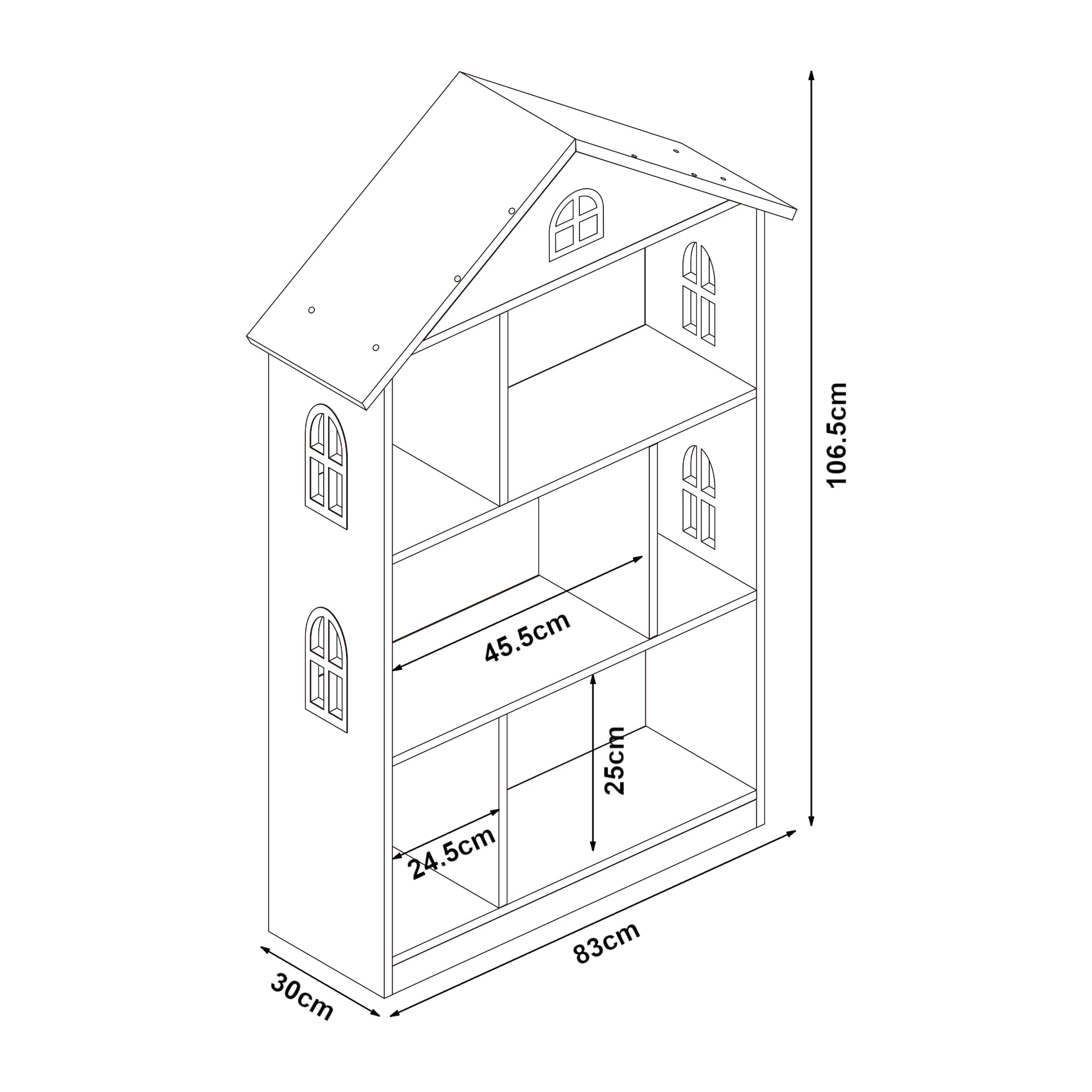 [en.casa] Bibliothèque pour Enfants avec 6 Compartiments de Rangement Ouverts Étagère Autoportante en Forme de Maison Cabane MDF 107 x 83 x 30 cm Blanc