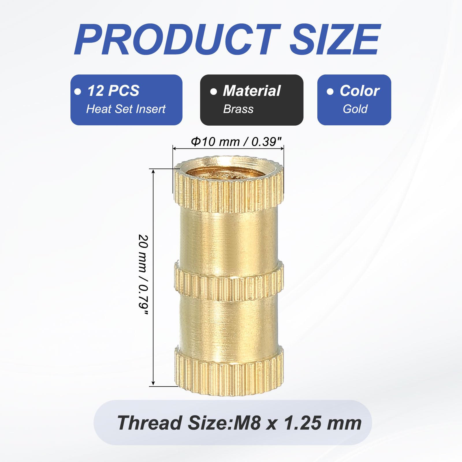 PATIKIL M8 Threaded Inserts, 12 Pcs Female Metric Brass Knurled Nuts Heat Set Insert for Plastic 3D Printing Components (M8x20x10mm) - Image 2