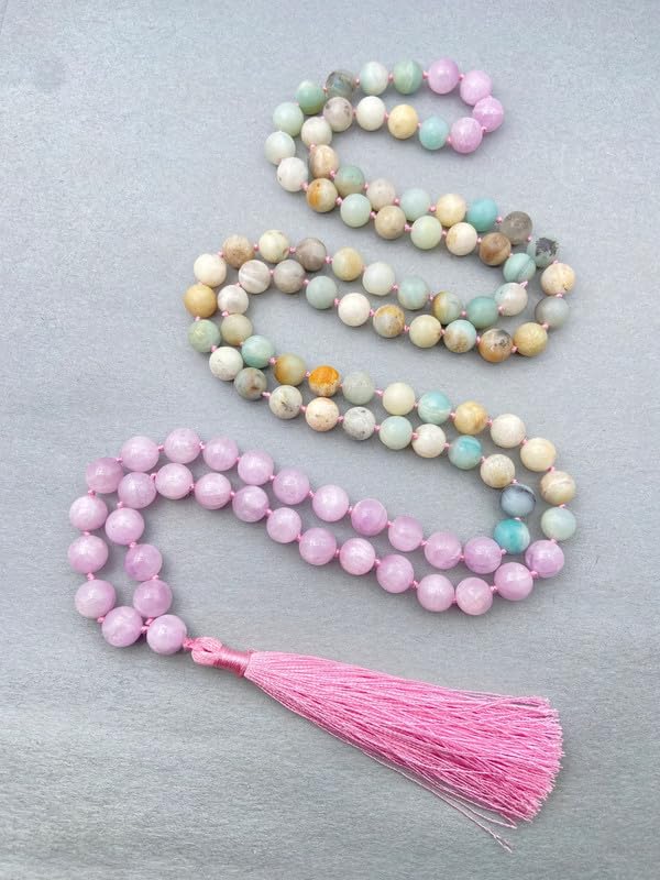 Mala perles collier haut de gamme en kunzite AAA et amazonite nouée main - 3
