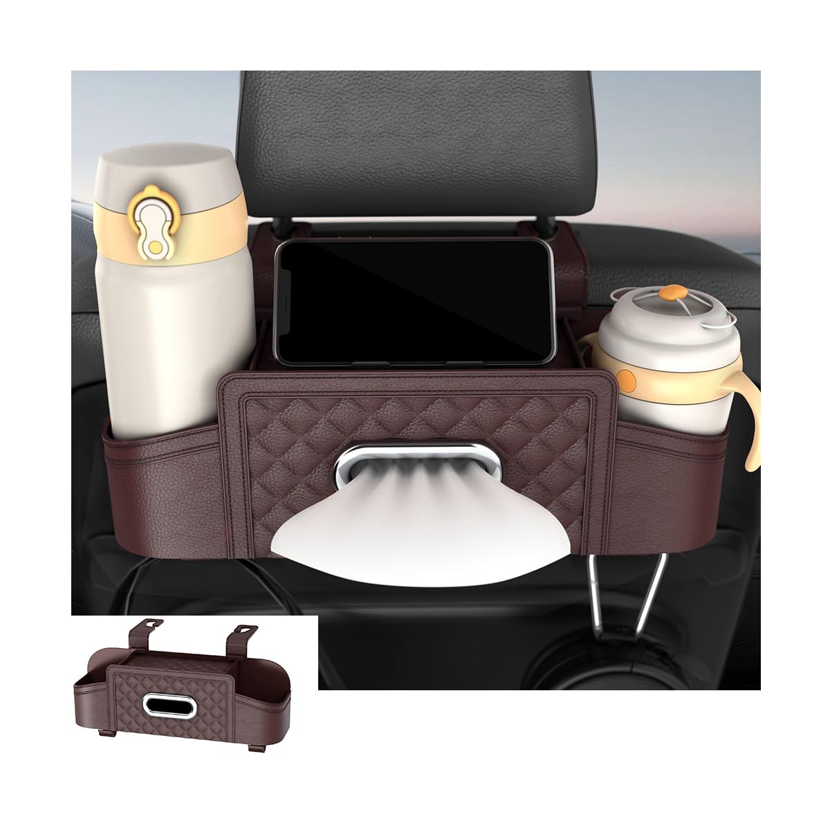 Photo 1 of ***MISSING PARTS***Mandark Car Headrest Backseat Organizer, Multifunctional Vehicle Seat Back Storage Box with Drink Cup Holder and Hooks, Automotive Travel Accessories, Universal for SUV, Sedan, Truck (Brown)