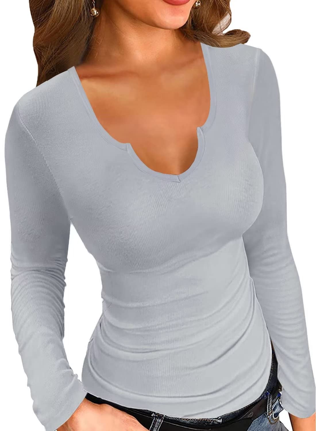 SANDERY Long/Short Sleeve Shirts for Women Basic Casual V Neck Tops Ribbed Slim Fitted Blouse