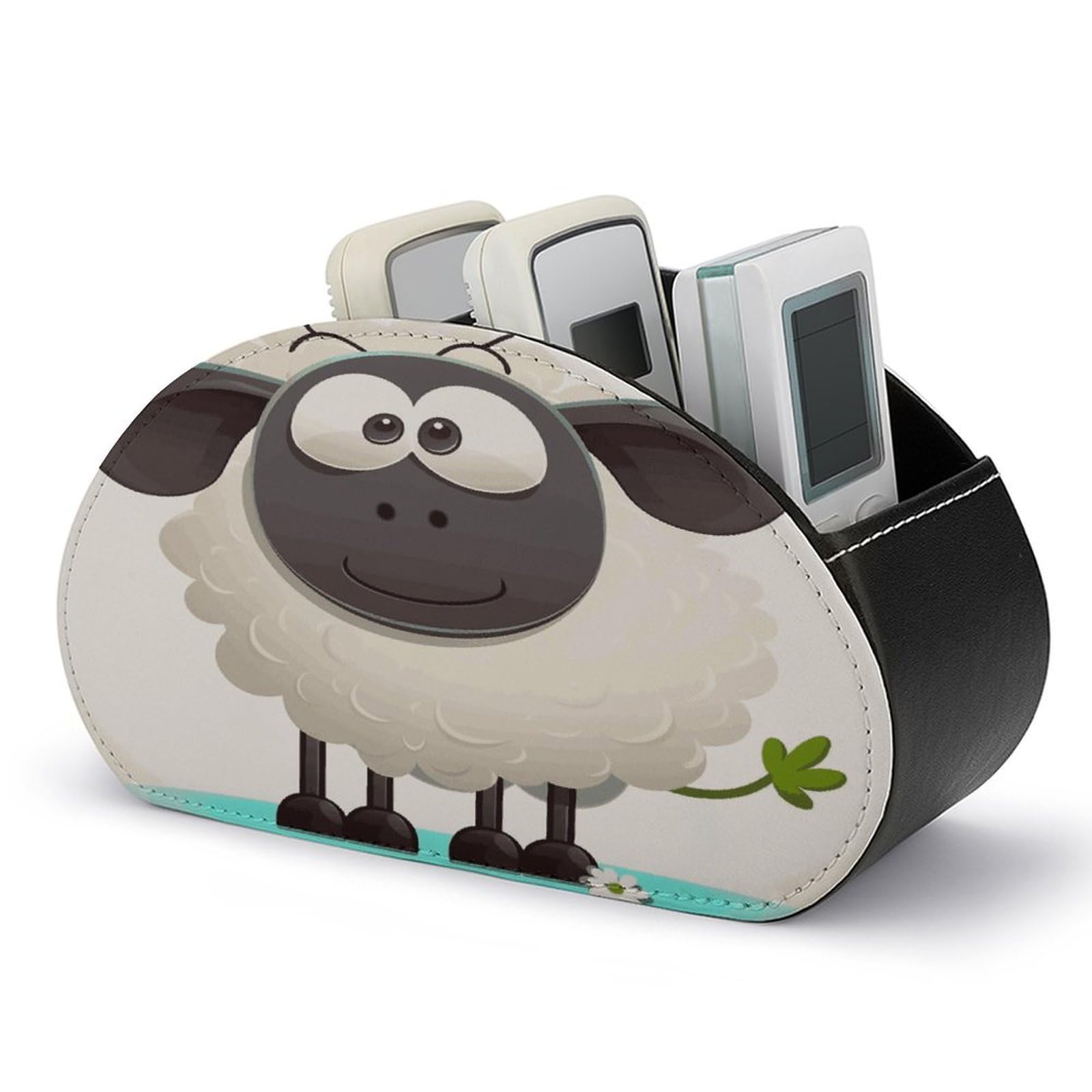 VstaDank Sheep Remote Control Holder with 5 Compartments PU Leather Remote Caddy Desktop Organizer Store TV Remote Control Storage Box for Home Office Desk Nightstand