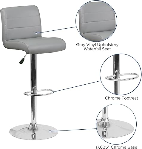 Miniatura 7 de Flash Furniture Marietta - Juego de 2 taburetes de bar contemporáneos de vinilo gris con altura ajustable con asiento enrollado y base cromada