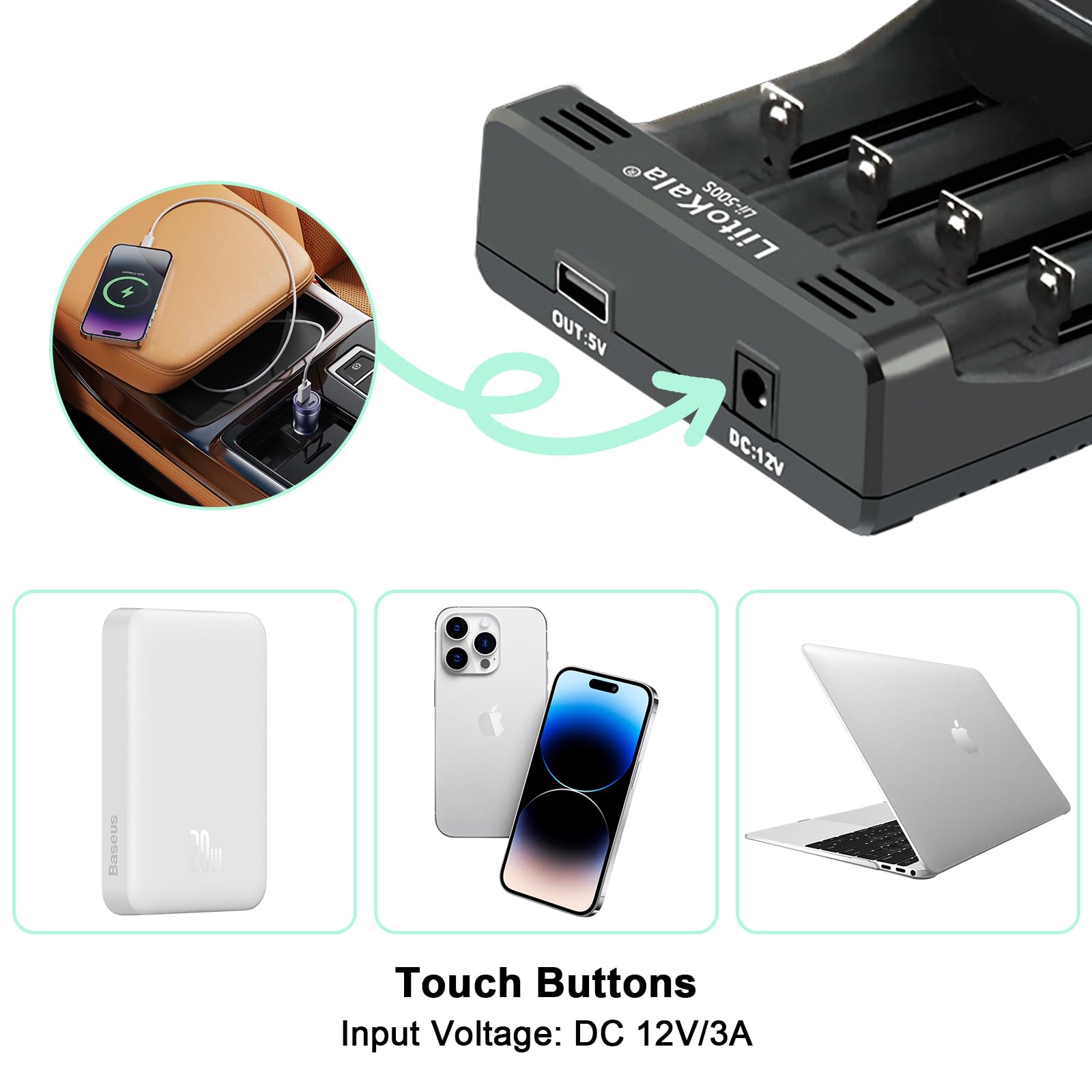 LiitoKala Lii-500S Szybka ładowarka do baterii z ekranem dotykowym LCD, mobilne wyjście USB 5 V, dla 26650 18650 14500 Li-Lion (4,2V) AA AAA Ni-MH, adapter trybu testu/rozładowania 12V3A, 4