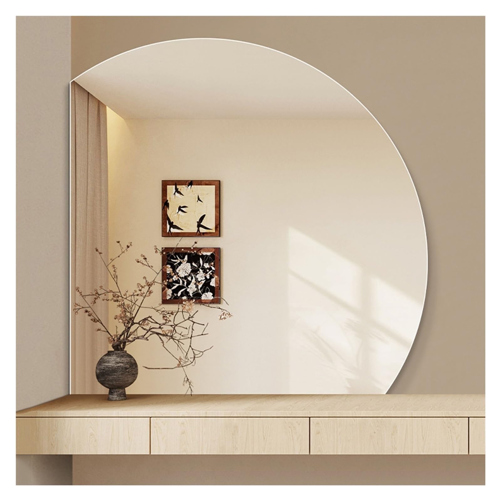 Noirda Left Cut Half Circle Bathroom Mirror, Unbreakable Frameless Wall Mount Vanity Mirror, Diy Shaped Glass Mirror For Bedroom Living Room Entryway Home Decor(,60Cm/23.6In)