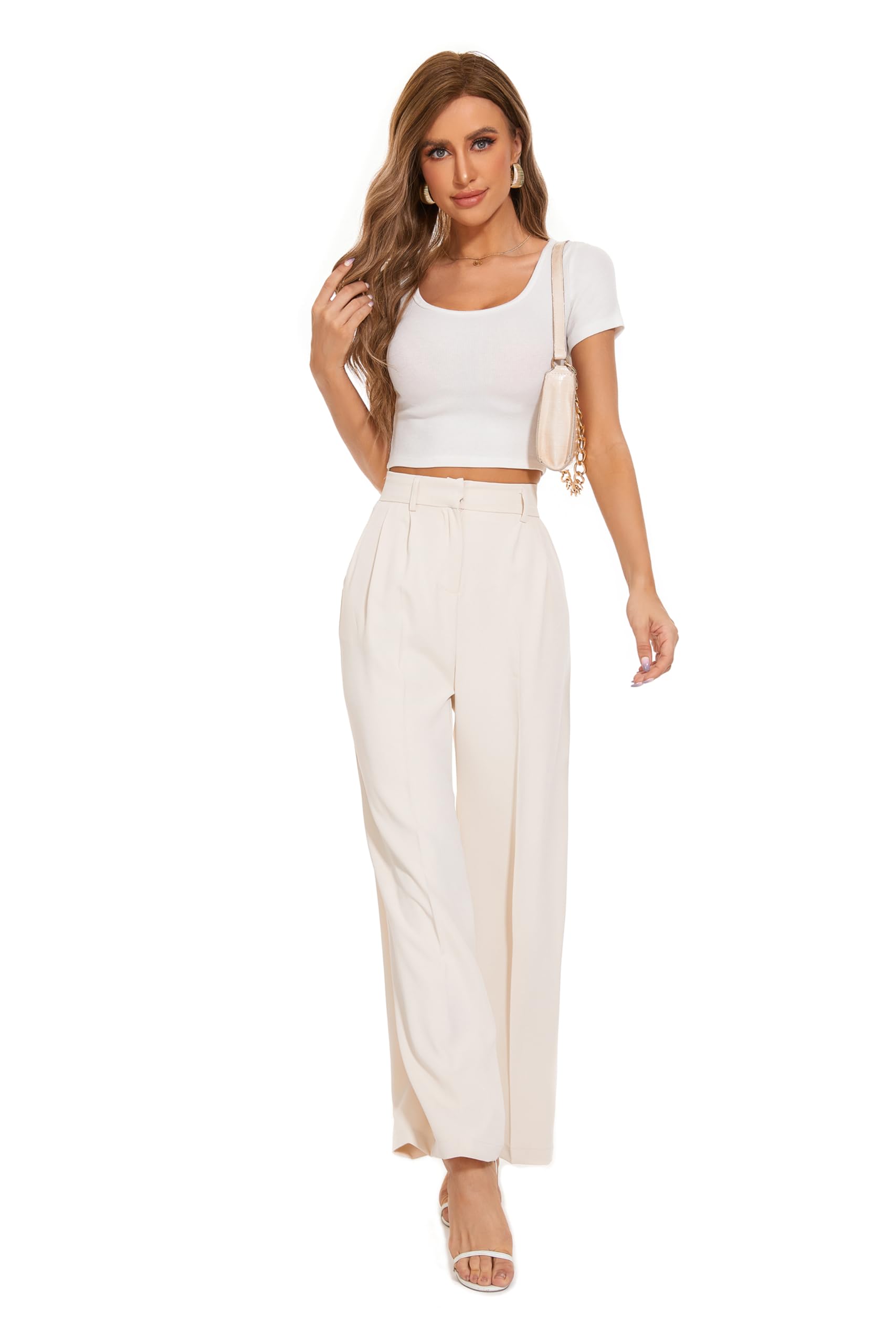 FUNYYZO Wide Leg Pants Women's High Elastic Waisted in The Back Business Work Trousers Long Straight Suit Pants