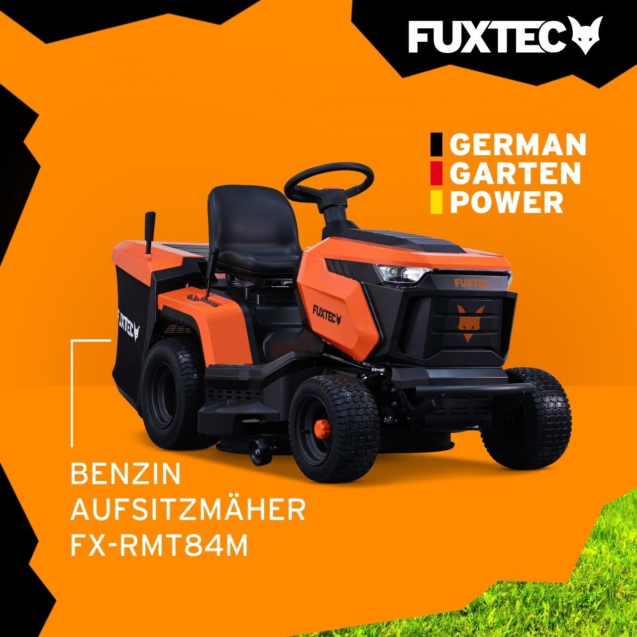 FUXTEC Rasentraktor FX-RMT84M, Aufsitzmäher mit 83cm Schnittbreite, 6-stufige Schnitthöhenverstellung, kraftvoller Benzinmotor, Grasfangkorb 280L, Rückwärtsmähfunktion
