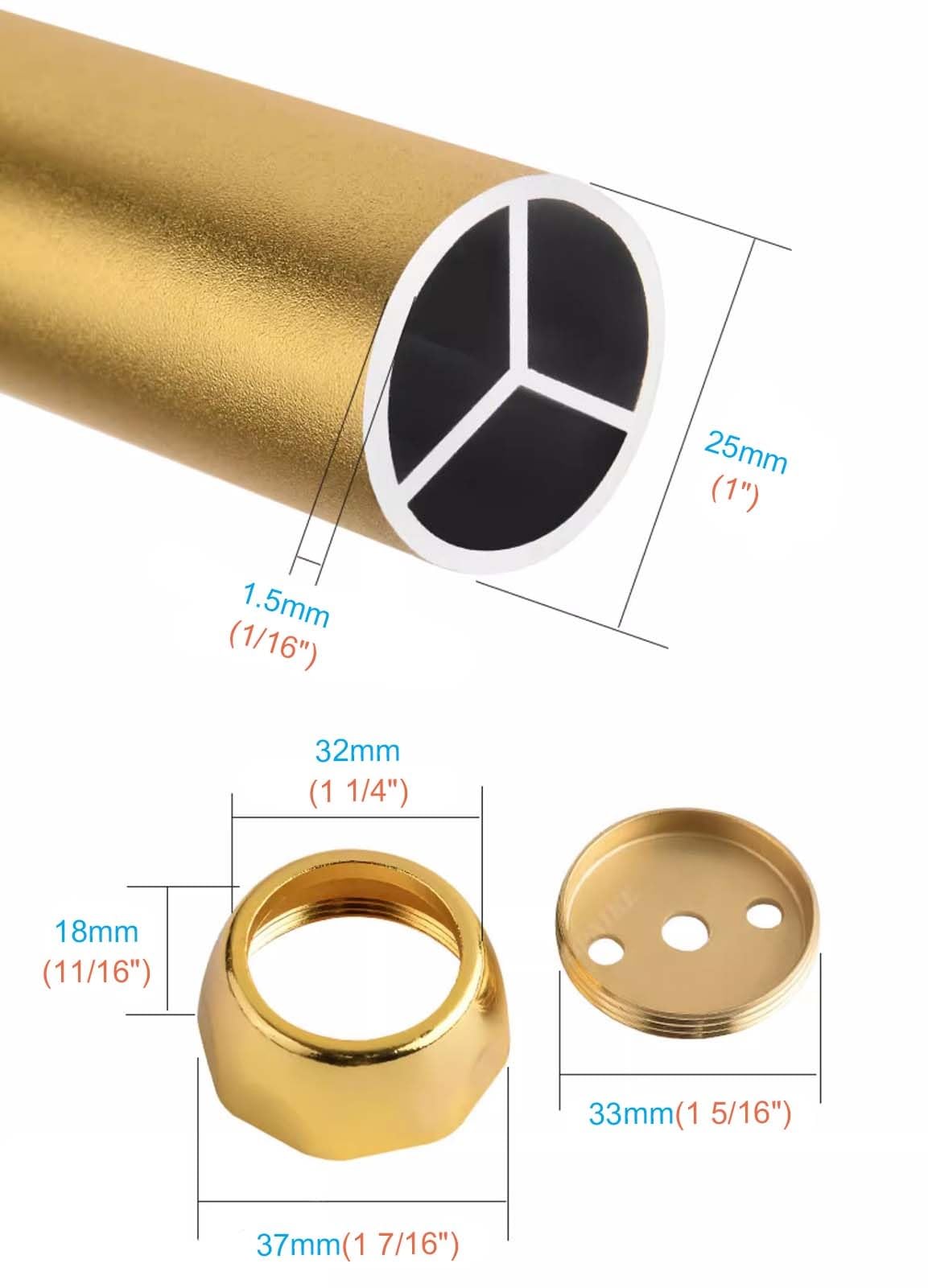 Barra de Armario Dorada Esmerilada de 2,5 cm de Diámetro, Barra para Colgar Ropa con Soporte Final, de 35 a 165 cm(46in/116.8cm)