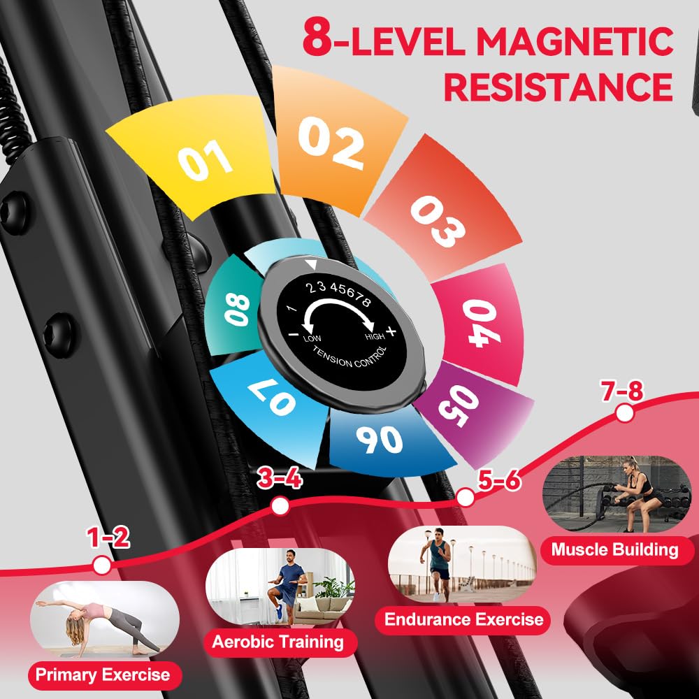 Cyclette pieghevole silenziosa (<20dB) 3 in 1 bicicletta stazionaria con 8 resistenze magnetiche, schermo LCD multifunzionale e supporto tablet, per uso domestico, altezza regolabile 155-190cm