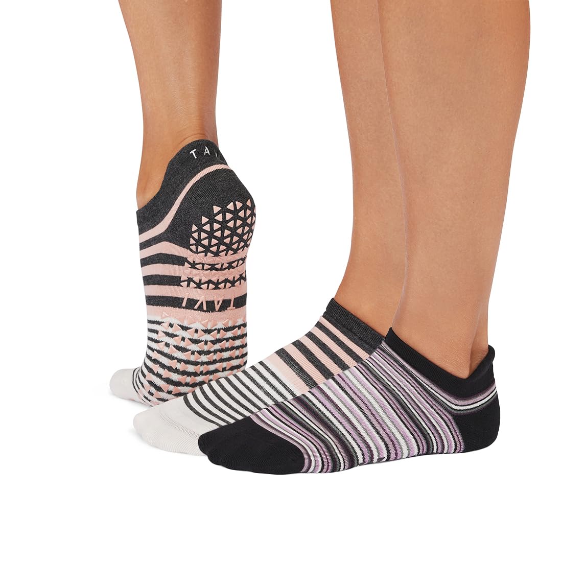 TAVI Women’s Savvy Grip Socks 2-Pack - Pilates Socks with Grips for Women, Slipper Socks for Pilates, Yoga, and Ballet - Petal Melange Stripe/Fig