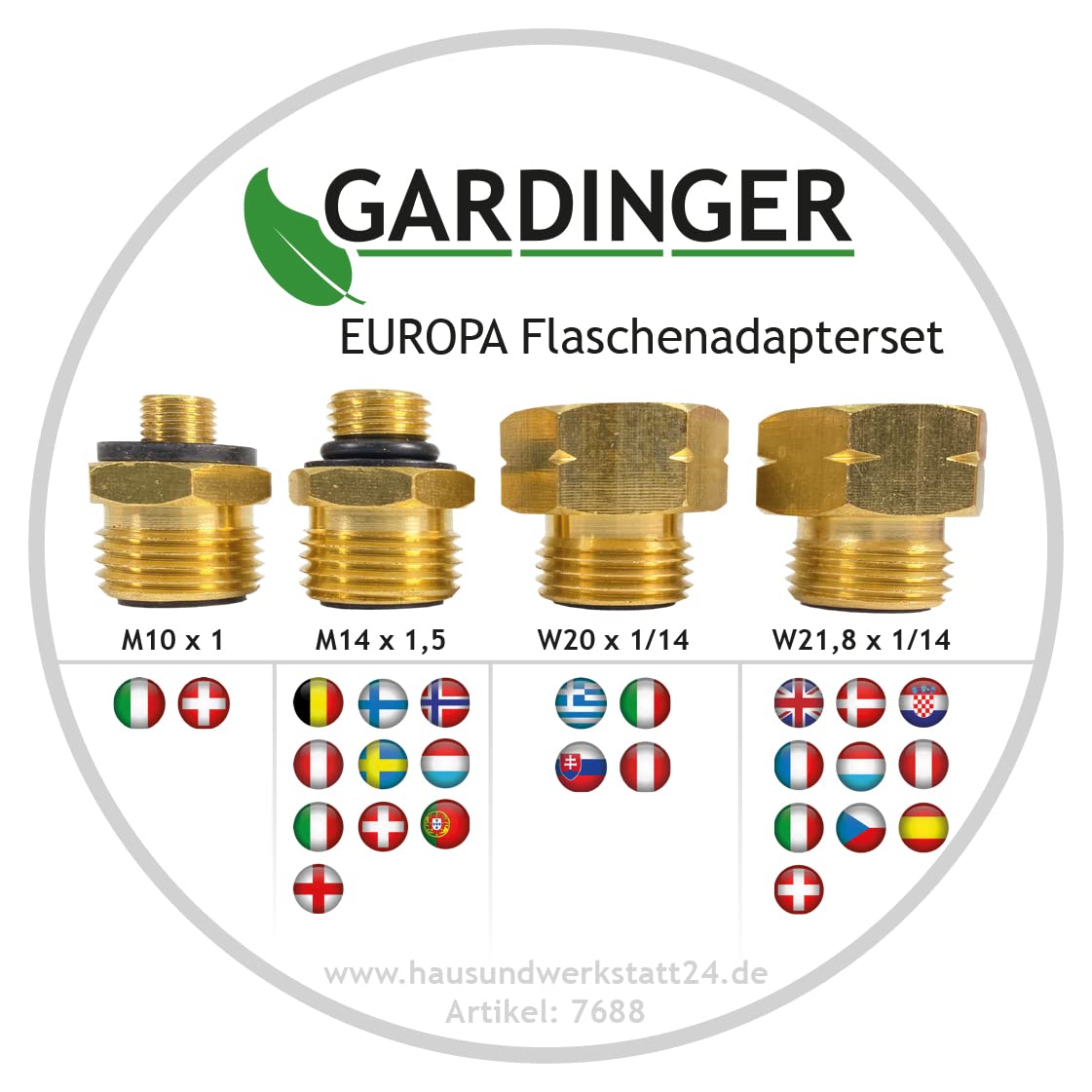 GARDINGER Propanflaschen-Adapterset Europa für Deutschen Druckregler 4-teilig in gepolsterter Softbox